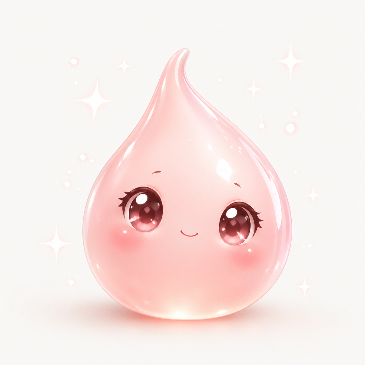Plumi — verspieltes rosa Wassertropfen-Maskottchen mit Sparkles, Brand-Charakter der Skincare-Web-App plumi.beauty
